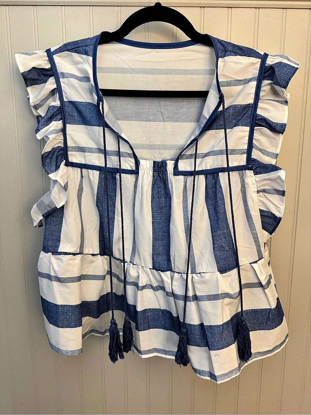 Striped Ruffle Sleeve Blouse in Blue & White Like New